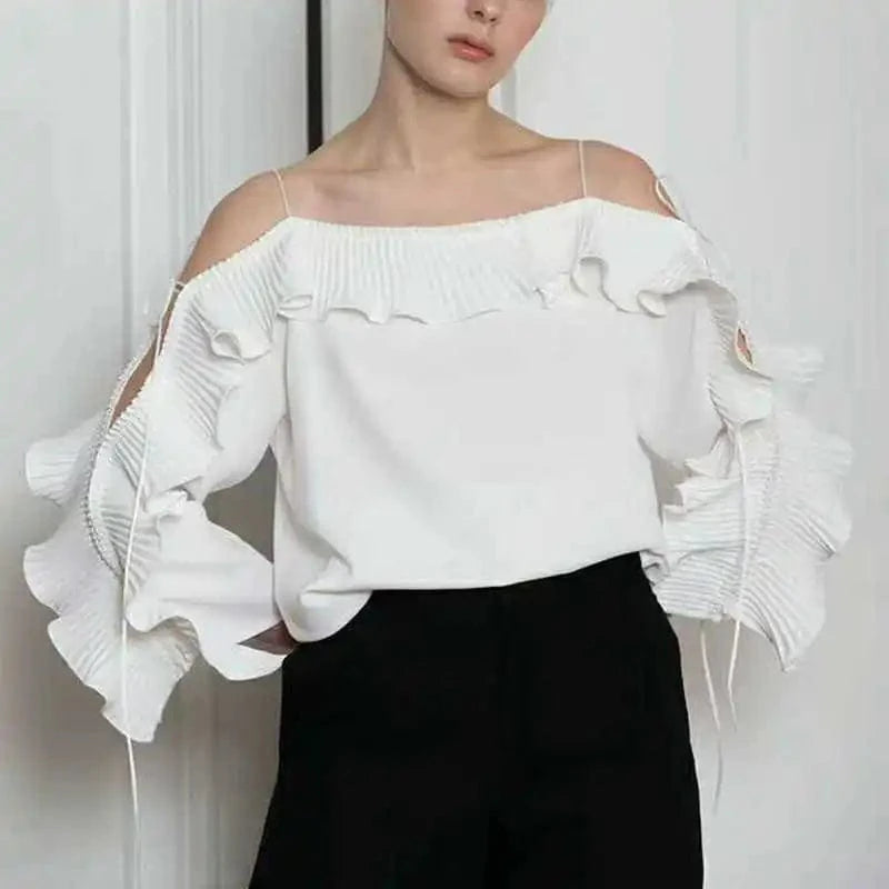 L / White / Polyester / Cotton CHICEVER Fashion Solid Color Ruffle Trim Summer Clothes Long Sleeve Women Cotton T Shirt