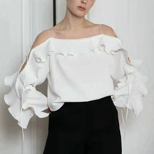 L / White / Polyester / Cotton CHICEVER Fashion Solid Color Ruffle Trim Summer Clothes Long Sleeve Women Cotton T Shirt