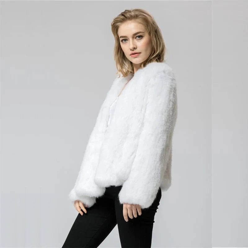 L / White Pudi CR002 The New fashion Knitted knit real rabbit fur coat overcoat jacket women