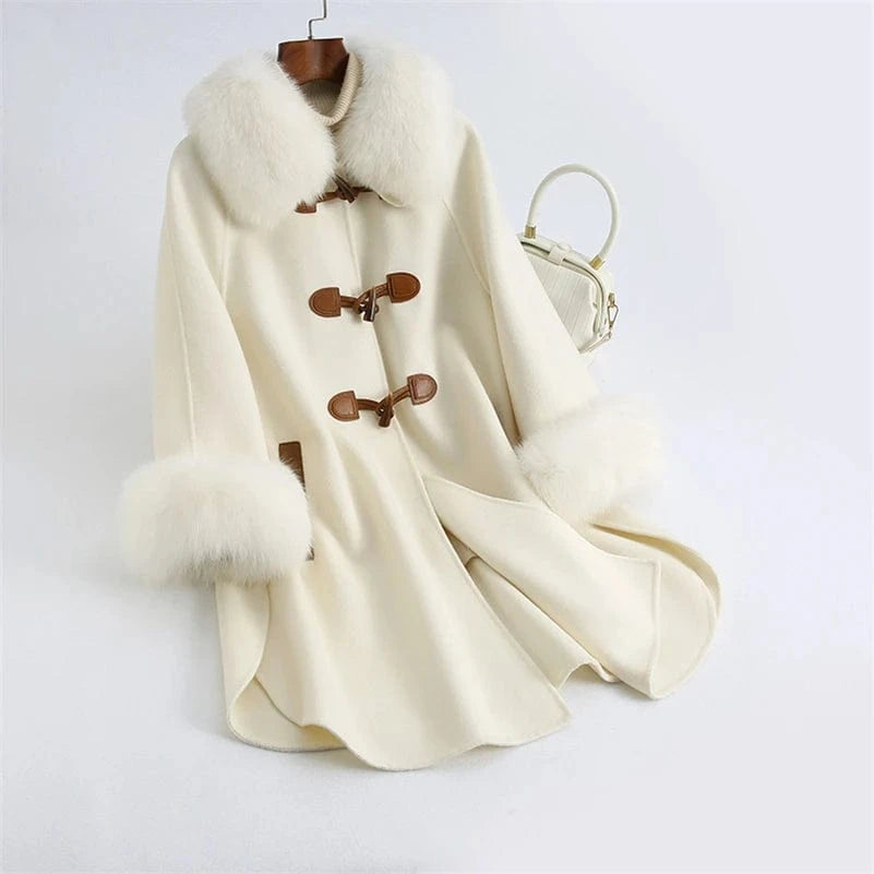 L / White Pudi Women Winter Real Fox Fur Coat Jacket Blends Parka Trench Cape Z21171 Over Size Wool Female Lady Fleece Woven Long Raw