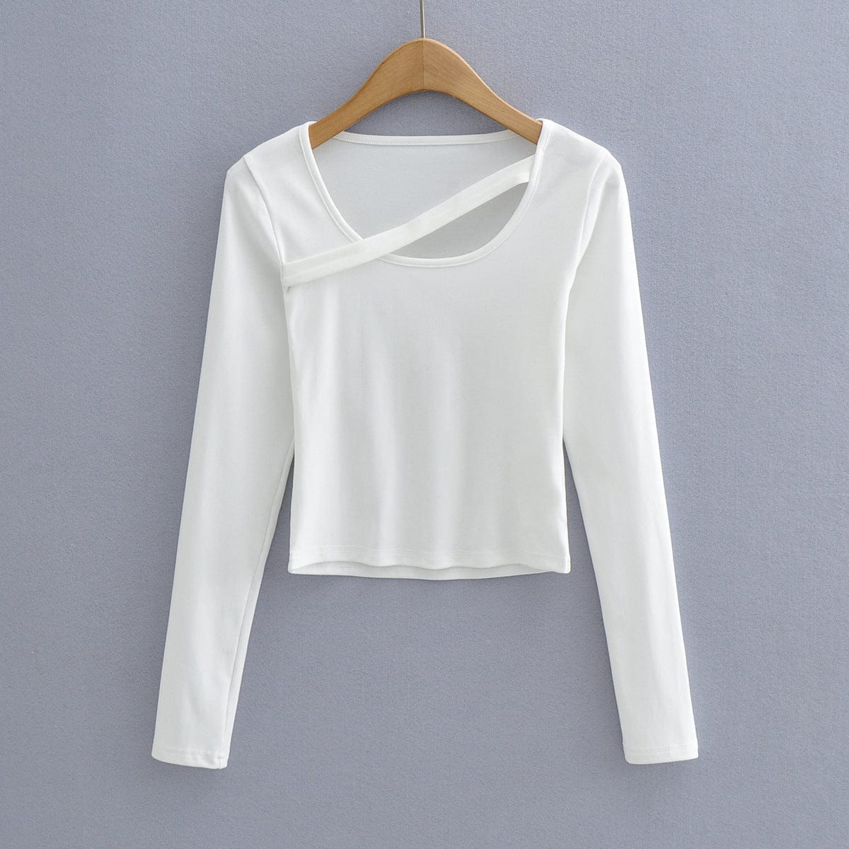 L / White R20121S Women's spring unique design solid color one word with U-neck long-sleeved slim T-shirt top