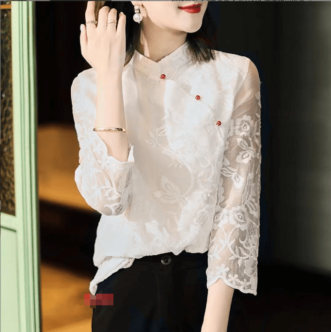 L / White S-3XL Spring Summer New Vintage Chinoiserie Delicate Embroidery Contrast Button Cheongsam Shirt Versatile Top