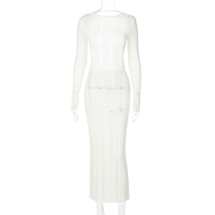 L / White Sexy Knit Hollow Out Bodycon Maxi Dresses Club Outfit For Women 2023 Long Sleeve Backless Party Long Dress