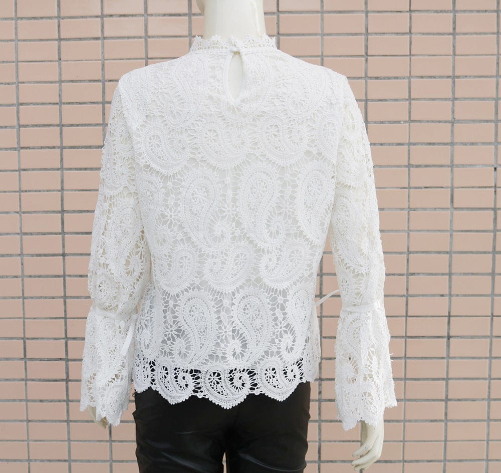 L / White Sexy Lace Hollow Shirt Blouse Woman Spring Fall Fashion Long Sleeve O-neck Shirts Top Femme White Vintage Loose Women Clothing