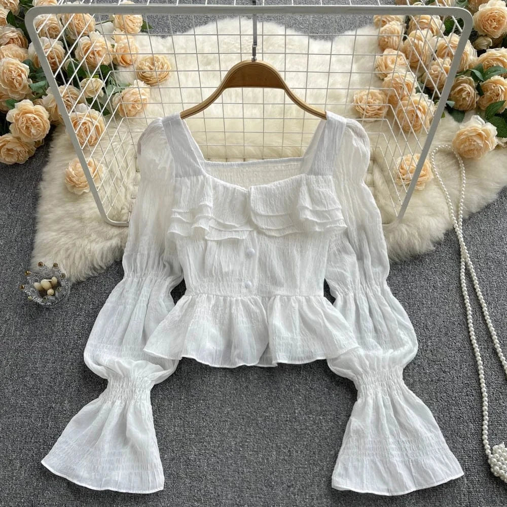 L / White Spring and Autumn New Women Ruffle Square Neck Pretty Flare Long Sleeve Blouse Shirt