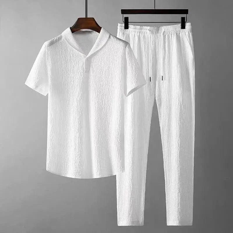 L / White Summer Men 2 piece Suits Short Sleeve Tops + Long Pants Solid Color Polo Lapel Collar Button Elastic Waist Trousers Tracksuit