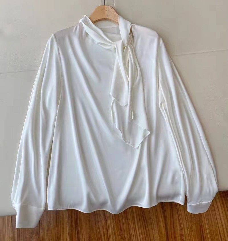 L / White Top Quality Silk Blouses 2023 Spring Summer Silk Shirt Women Bow Deco Long Sleeve Elegant Grey Wine Red White National Silk Top
