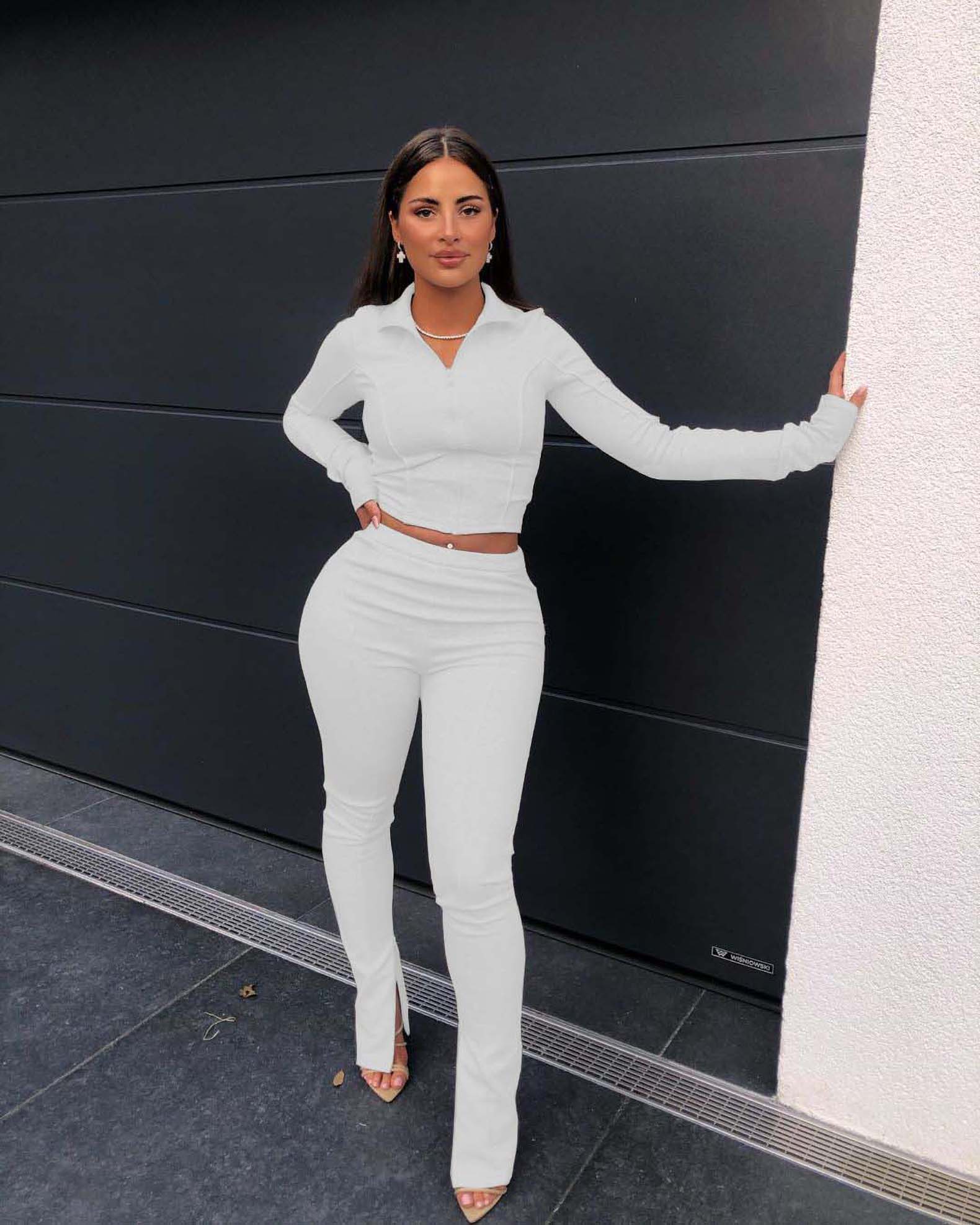 L / White Trendy Women Clothes Fashionable Casual Turn down Neck Zip Up Top & Slits Trousers