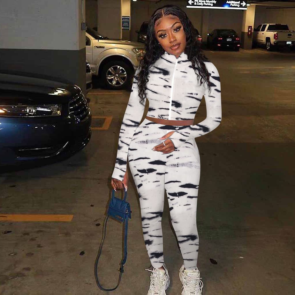 L / White Trendy Women Clothes Zebra Animal Print Track Activewear Fitness Elastic Crop Top Tracksuit Matching Set