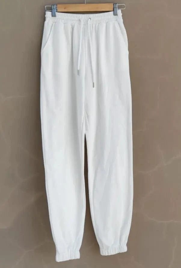 L / White US SizeCotton terry Wholesale custom logo Women's sweat pants drawstring high waist pockets classic lounge straight leg joggers