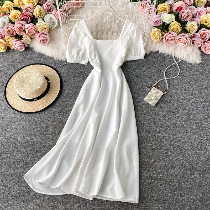 L / White Vintage Audrey Hepburn Dress Women Ball Gown With Lining Midi Dress Square Collar Slim Waist Side Zipper Puff Sleeve D13414X