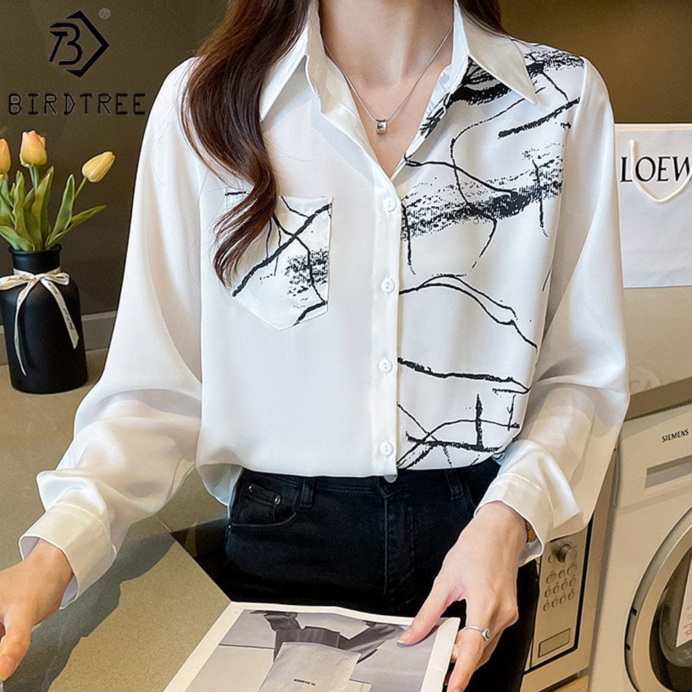 L / White Vintage Women's Long Sleeve Shirts Turn Down Collar Geometry Printing Workwear Office Blouses Shirt Fall Spring 2022