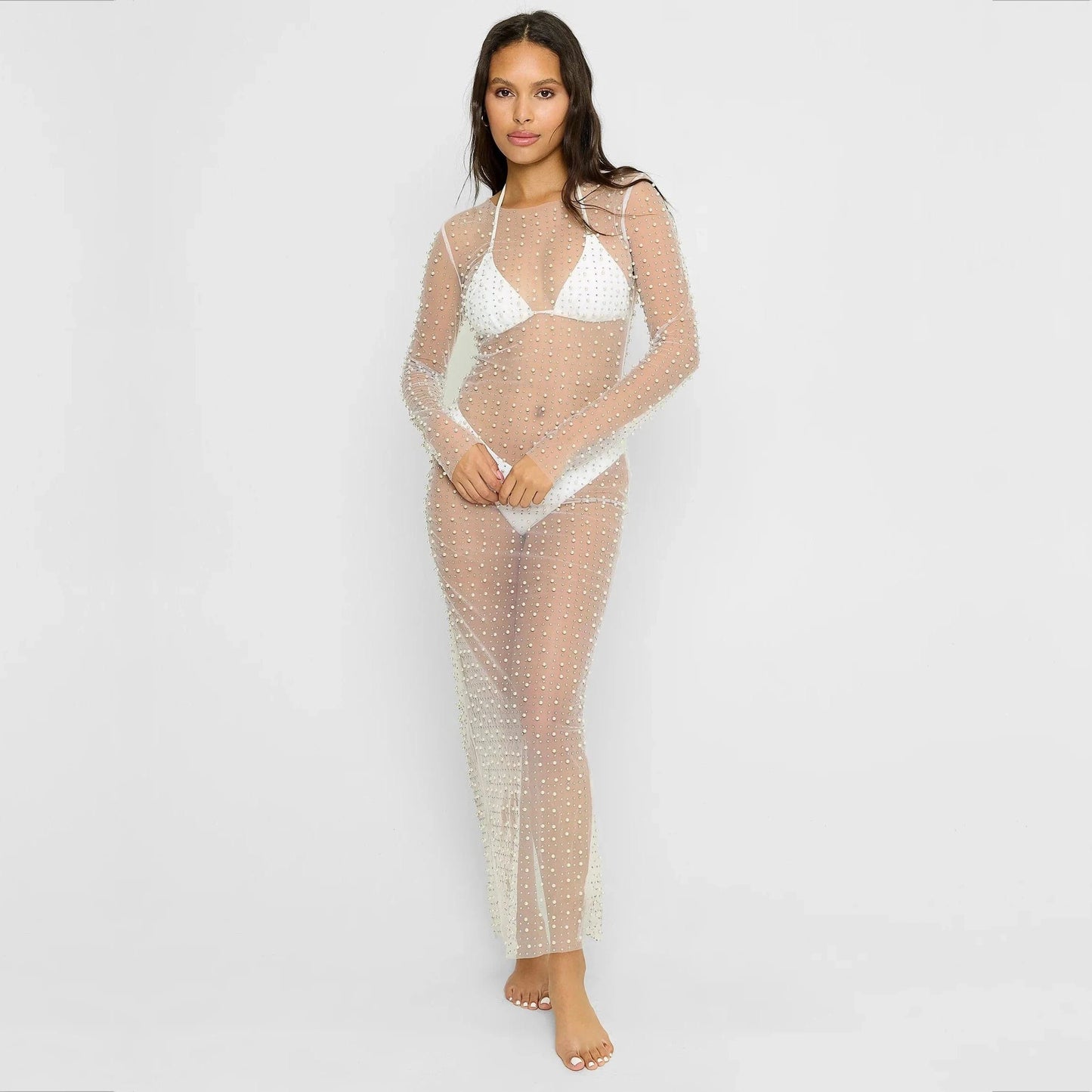 L / White W-S1171A Rhinestone Mesh See Through Dress Lady Long Sleeve Transparent Bikini Cover Up Clubwear Fashion Sexy Sheer Dress