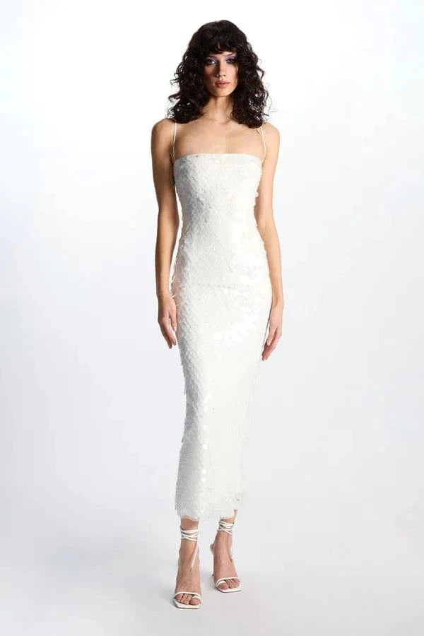 L / White W-S1173A Sexy Backless Sequined Strap Tube Top Dress Solid Straight Long Vestidos Slip Evening Robe