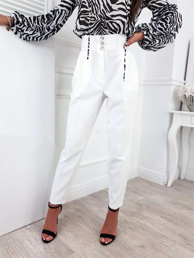 L / White white women high waist straight cut leg palazzo office wear pants women high waist trousers for women lady office high waist