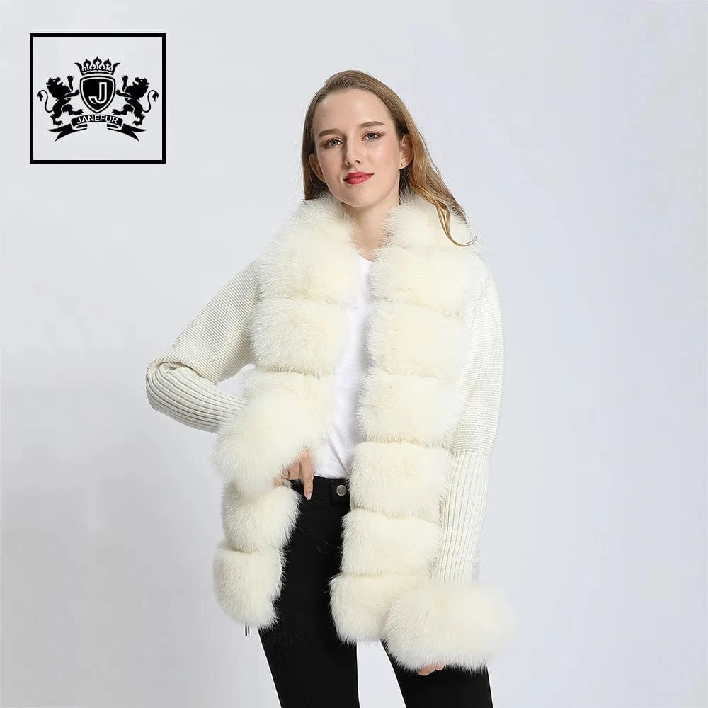 L / White Wholesale Ladies Autumn Winter Knitted Fox Fur Trim Wool Fur Sweater