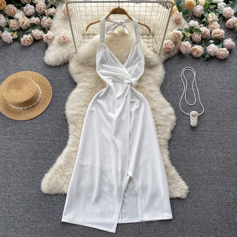 L / White Wholesale Solid Color Women Elegant  Party Nightclub Dresses Vendor Sleeveless Halter Sexy Slit Prom Dress