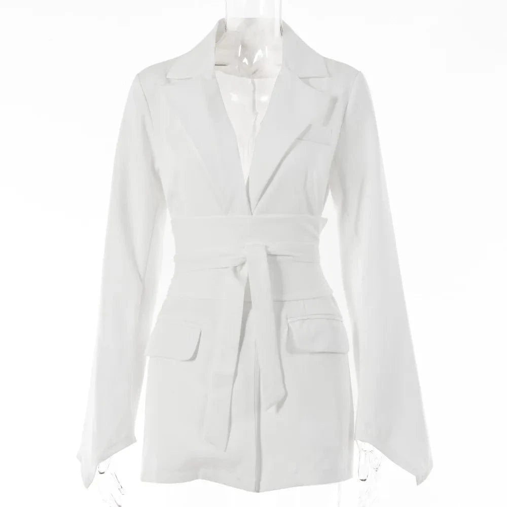 L / White Women Fashion Casual Blazer Spring New Solid Color Long-sleeved Cardigan Belt Tunic Jacket