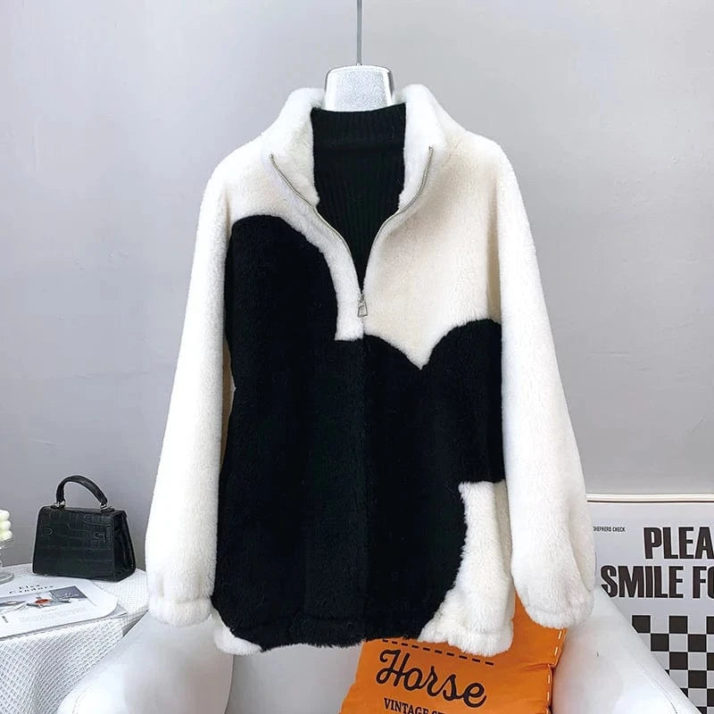 L / White Women Lady Lamb Fur Causal Coats Female Girl Sheep Shearling Winter Jacket Overcoat JT3231