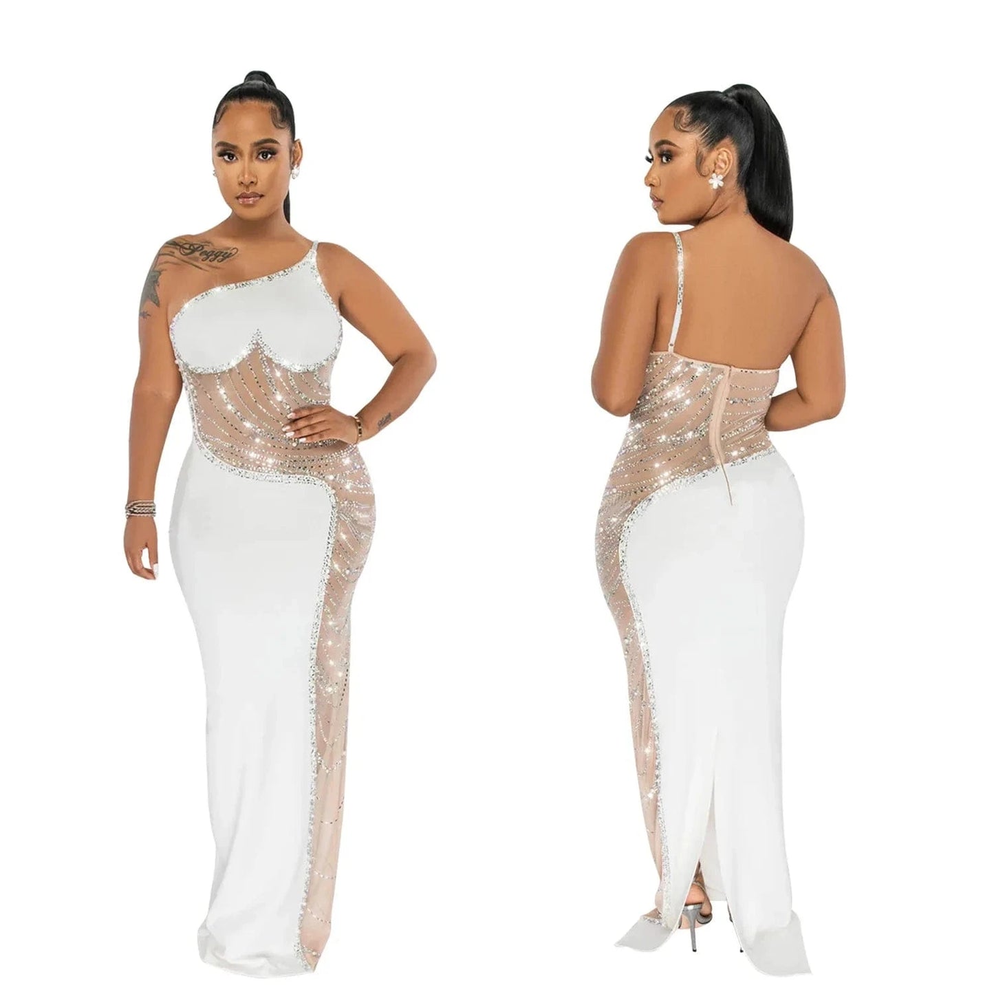 L / White Women One Shoulder Split Long Dress Mesh Patchwork Rhinestone Beaded Dress Sleeveless Sexy Party Evening Dresses