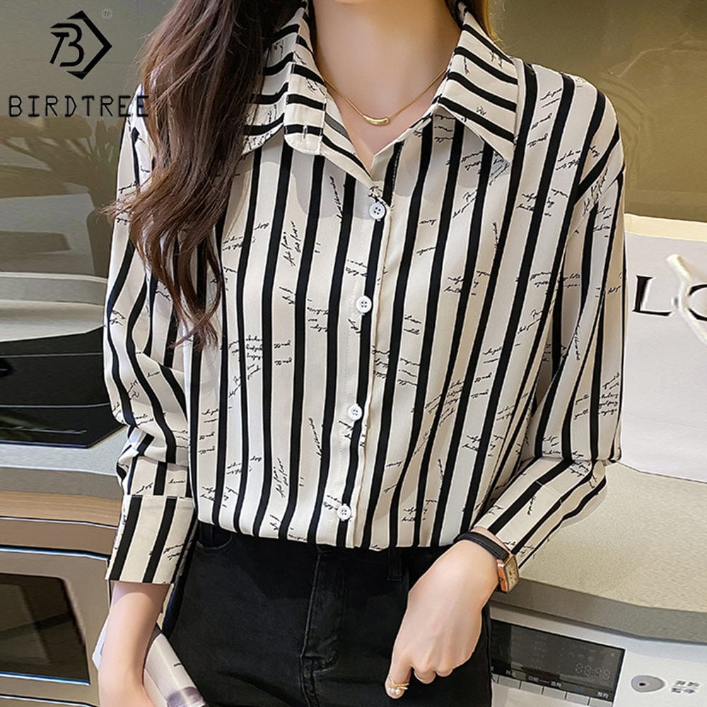L / White Women's Long Sleeve Shirts Letter Striped Turn Down Collar Buttoned Up Workwear Office Chiffon Blouses Shirt Fall Spring 2022