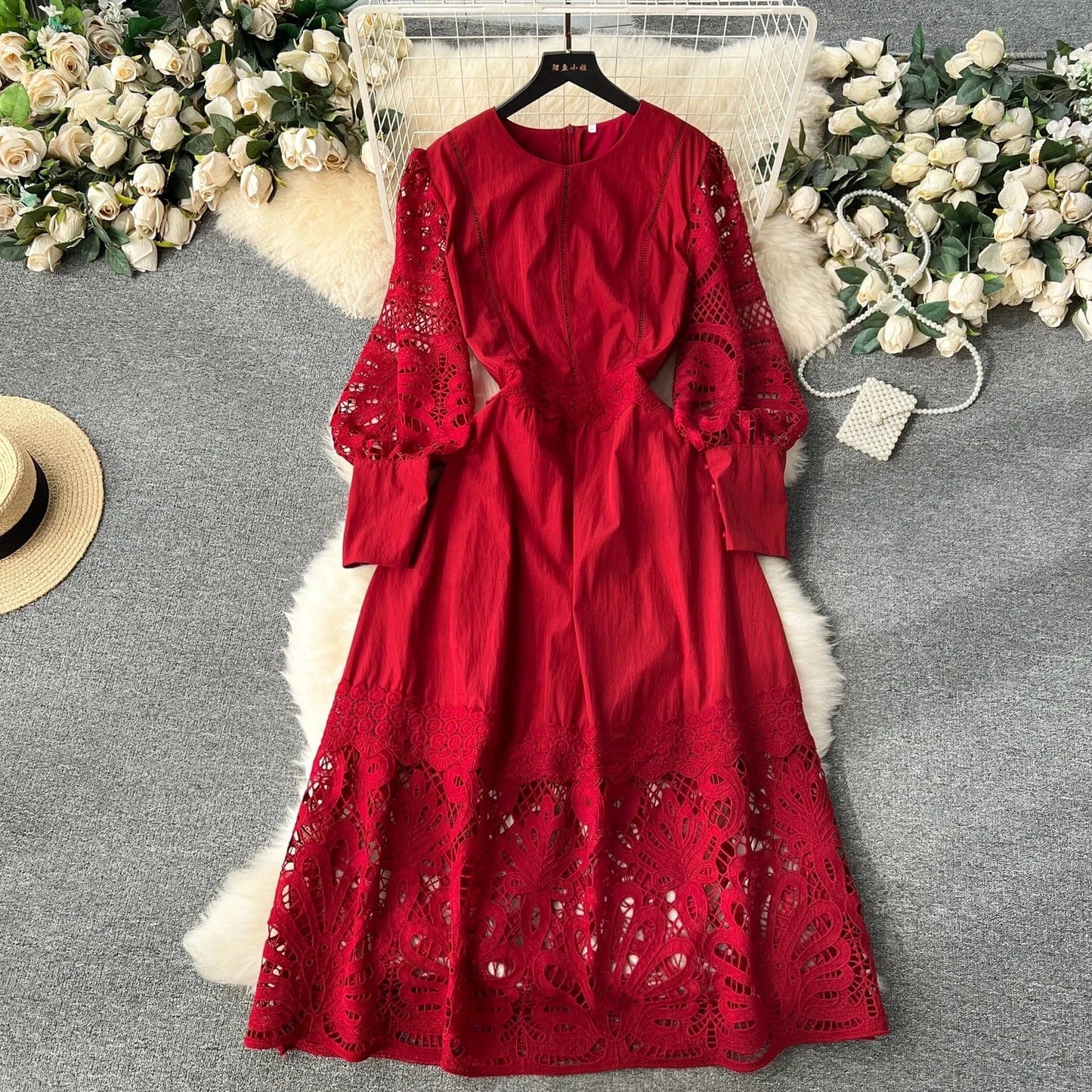 L / wine red Elegant Casual Fashion Dress Women's Square Neck Fluffy Sleeve Lace Embroidery Dress Autumn New