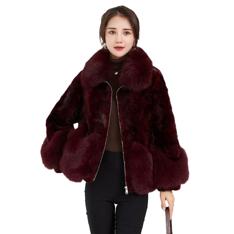 L / Wine red High Quality Thick Fox Fur Collar Luxury Winter Fur Coat Genuine Mink Fur Coat for Women