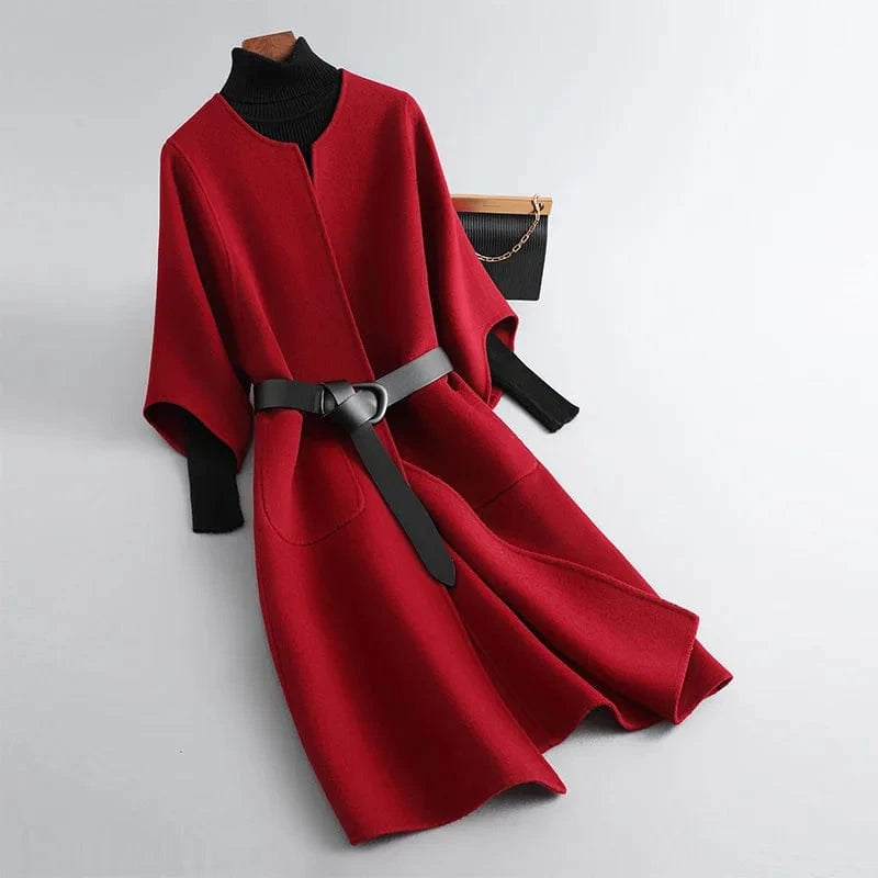 L / Wine Red New Design Solid Color Double Faced Winter Cashmere Long Wool Coat Women with Blet