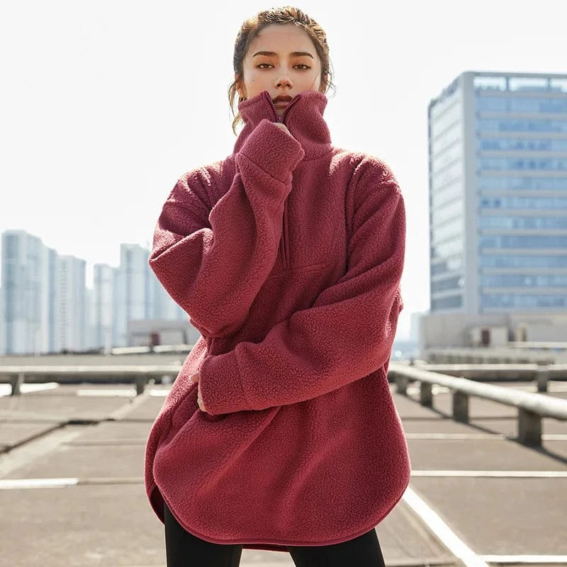 L / Wine Wholesale half Zipper Lapel Sweats Teddy Soft Fabric fleece mock neck sweatshirt for Women Sports