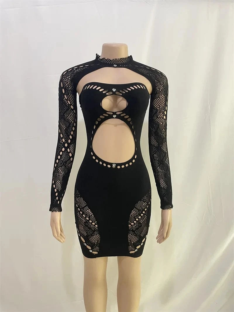 L/XL / Black Fashion Club Diamond Long Sleeve Mesh Mini Dresses Stretchy Hollow Out Bodycon Fit Sexy Dress