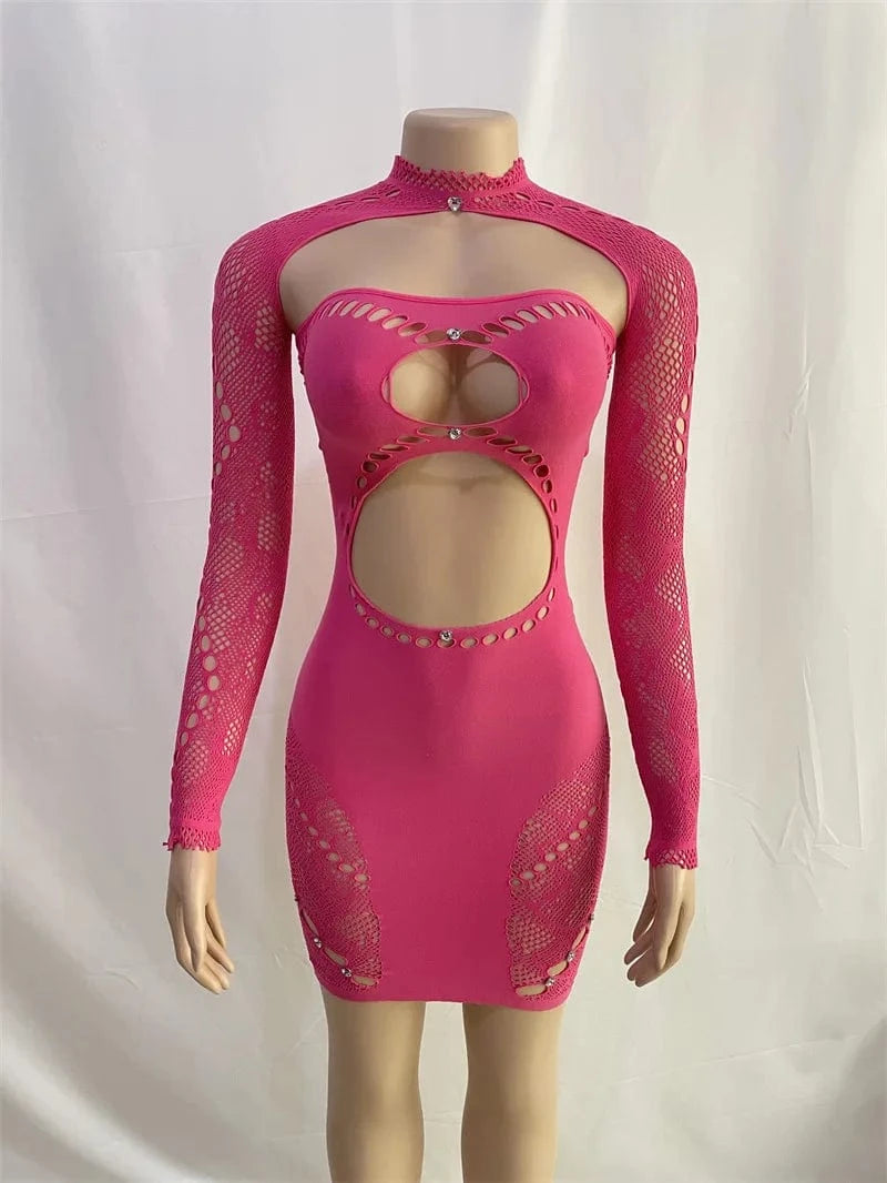 L/XL / Fuchsia Fashion Club Diamond Long Sleeve Mesh Mini Dresses Stretchy Hollow Out Bodycon Fit Sexy Dress