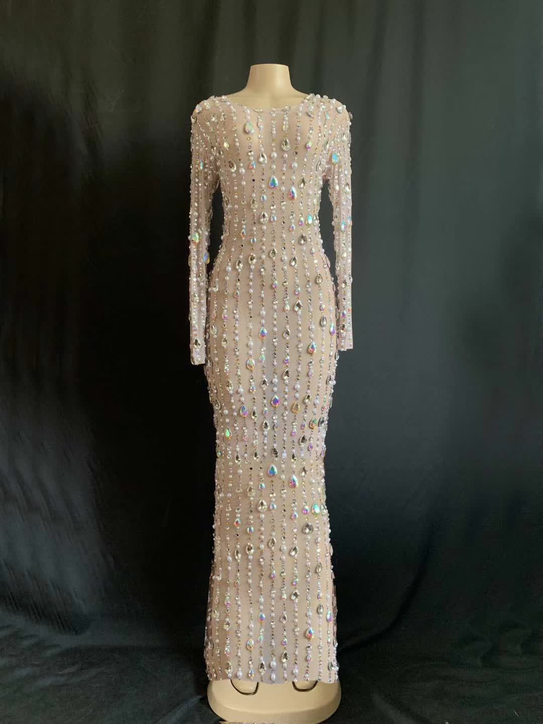 L / XL0321 coffee color Luxury Sexy Evening Dress Crystal Beading See Through Long Sleeve Sparkly Crystal Appliques For Wedding Party Dresses