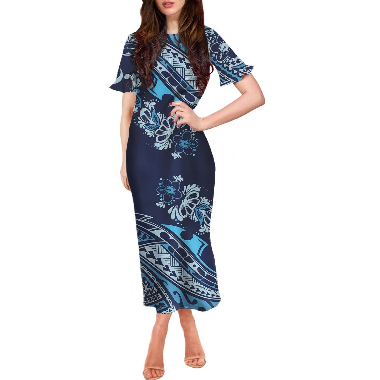 L / XMGW3812D90 Stretchy Women Sexy Dresses Samoan Polynesian Print Summer Customize Dresses Ruffle Short Sleeve Casual Long Womens Party Dress