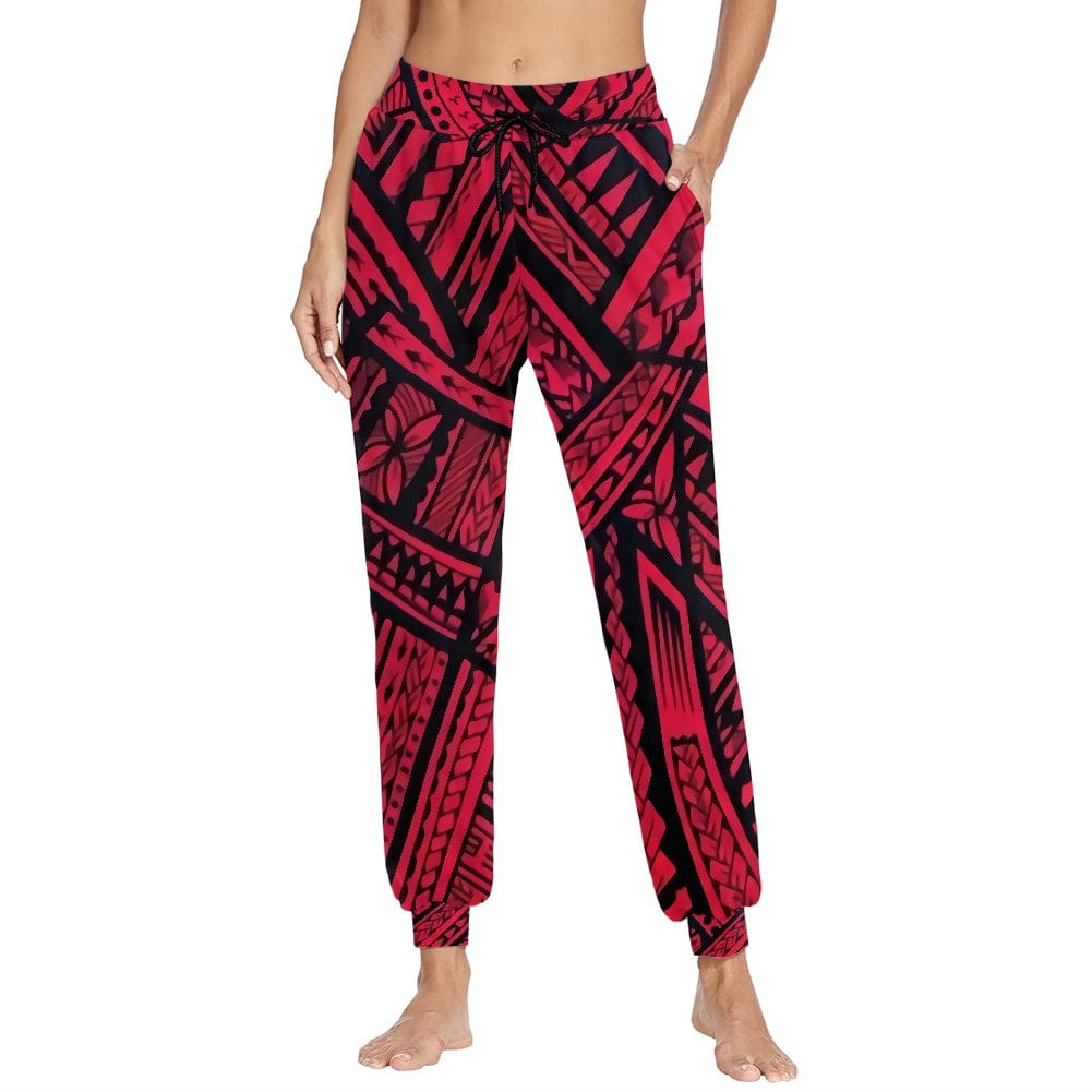 L / XMZD2020F90 Womens Yoga Pants Trousers Sports Fitness Custom Red Polynesian Samoan Tribal Design Casual Tracksuit Girls Sweatpants Pockets