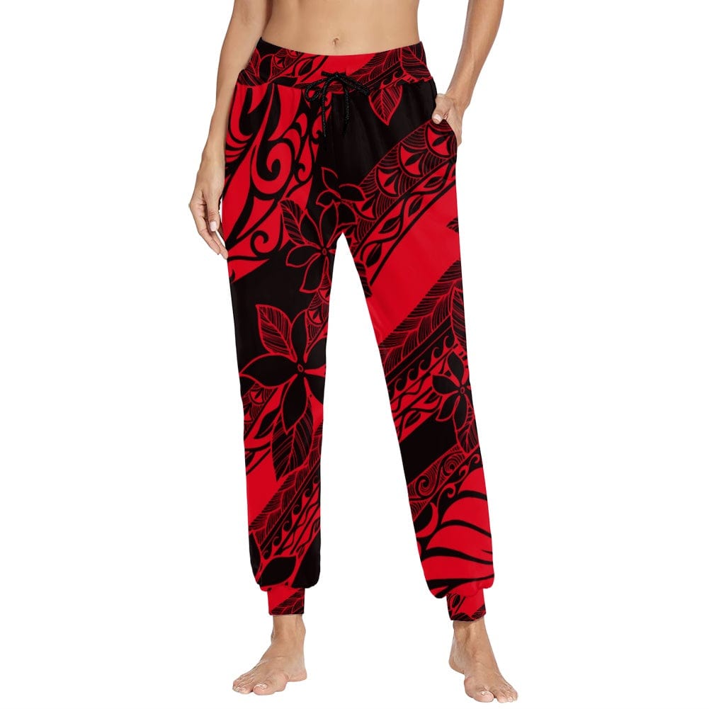 L / XMZD2041F90 Womens Yoga Pants Trousers Sports Fitness Custom Red Polynesian Samoan Tribal Design Casual Tracksuit Girls Sweatpants Pockets