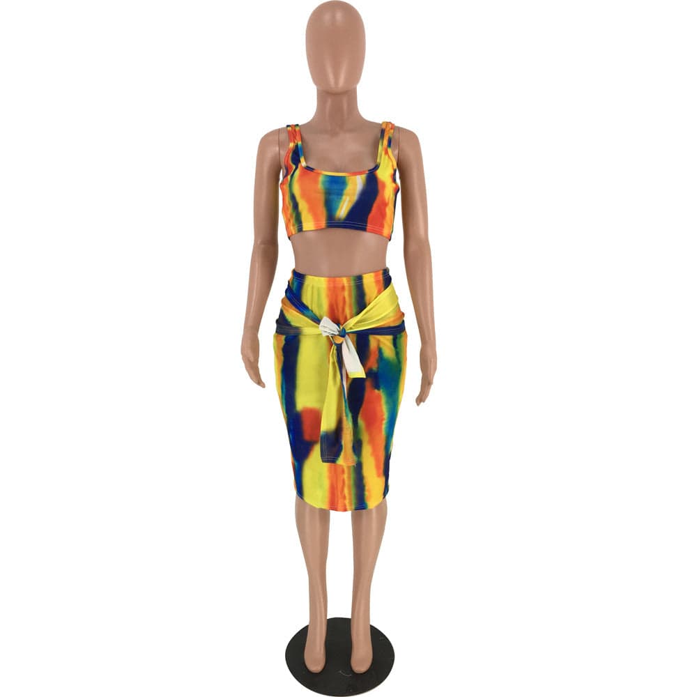 L / Yellow 2022 summer sexy women's tie-dye suspender two-piece skirt suit