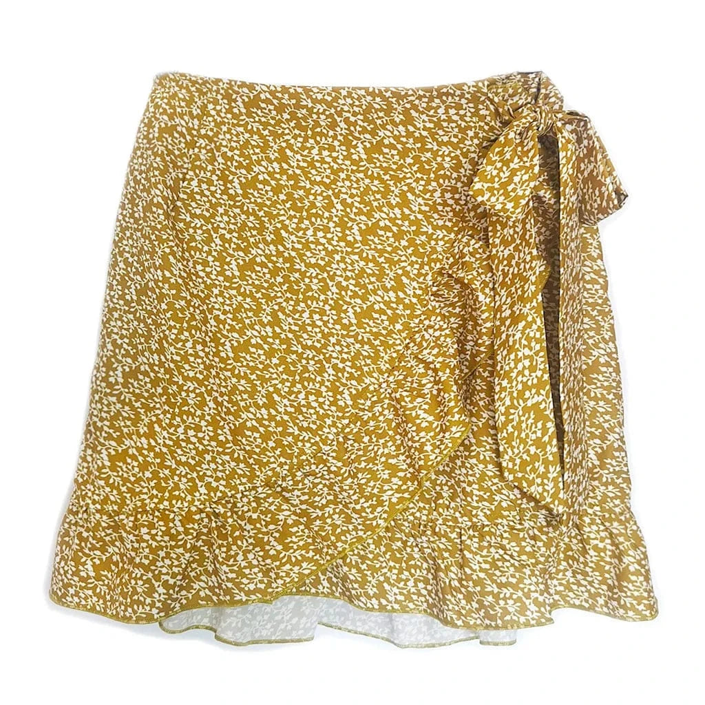 L / Yellow 2022 summer women lace up waist skirt European and American irregular falbala hem floral printed girls casual skirts