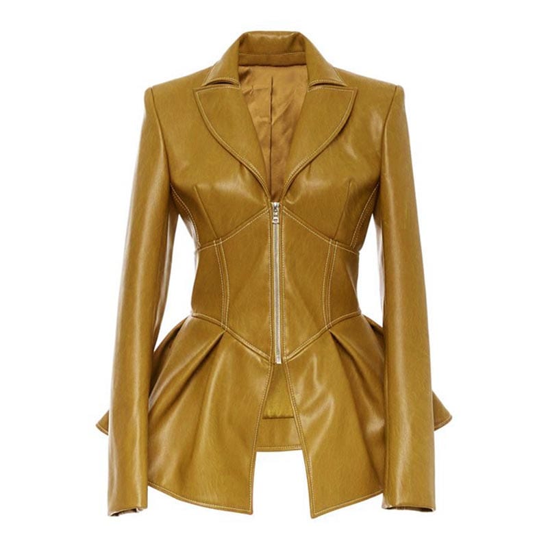 L / Yellow A4133 Autumn Clothing Long Sleeve Zipper Slim Casual PU Leather Jackets Women