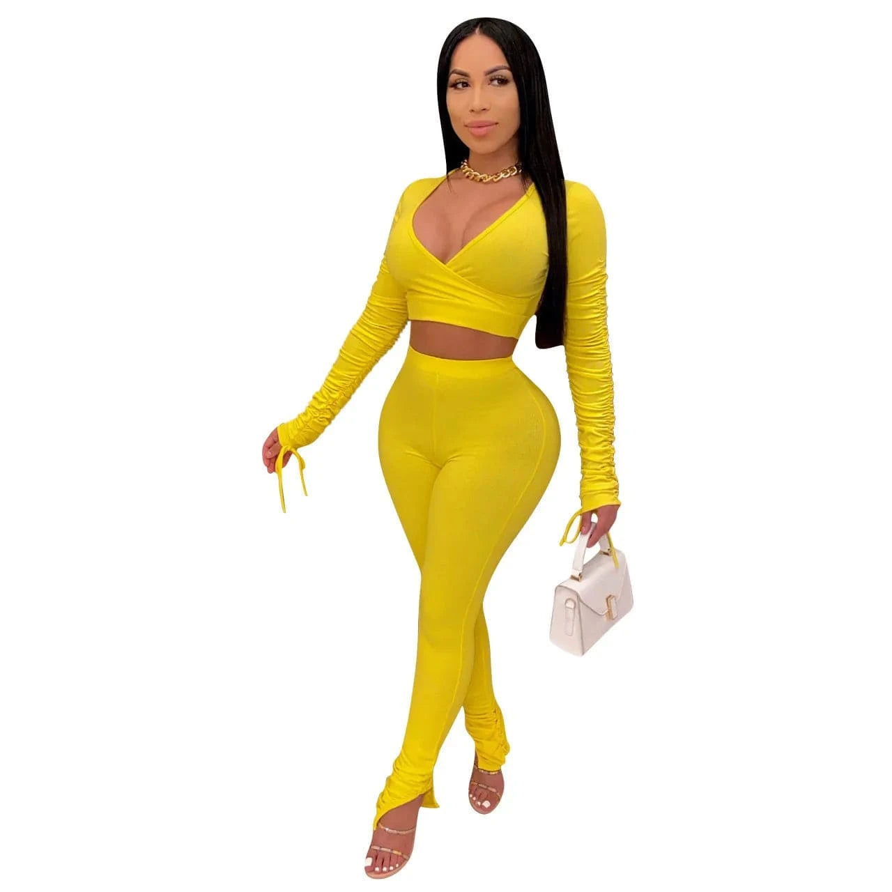 L / Yellow Bodycon Fall Two Piece Women Pants Sets Pleated Long Sleeve Slit Legging Sexy Ladies 2Piece Outfit
