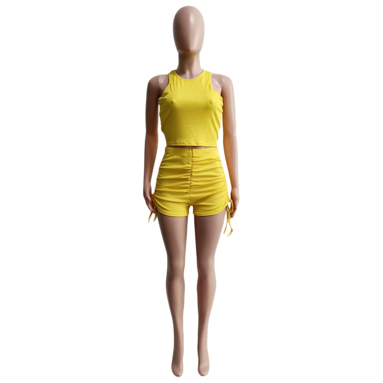 L / Yellow Bomblook LCST109 Summer Clothes For Women Solid Color Tank Top Casual Wear Sport Set Shorts Set Women