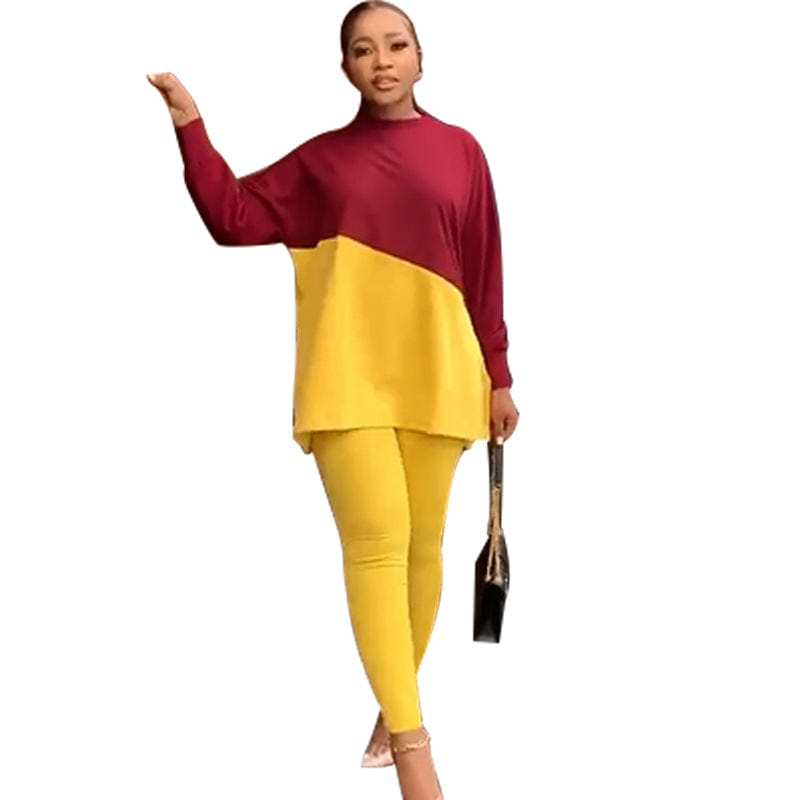L / Yellow Customized Multi Size Fashionable Womens Autumn Two Piece Set Color Block Loose O Neck Tops Long Pants Tracksuit Set