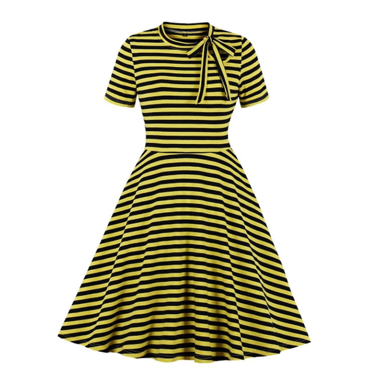 L / Yellow Elegant Casual Vintage Woman O-neck Knee-length A-line Horizontal Striped Dresses Striped Short Sleeve Tether Elasticity Dress