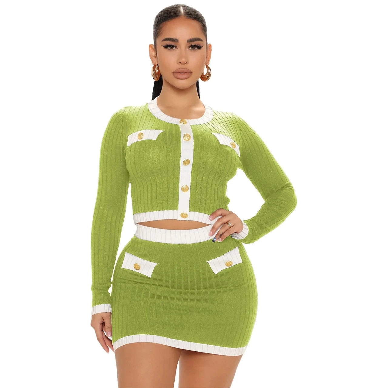 L / Yellow-green Threaded crewneck, contrasting long sleeves, short skirt, small fragrance suit