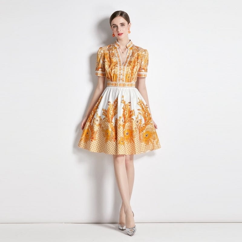 L / Yellow Light cooked royal sister V-neck printed dress women's new French niche high-end skirt XC5026068