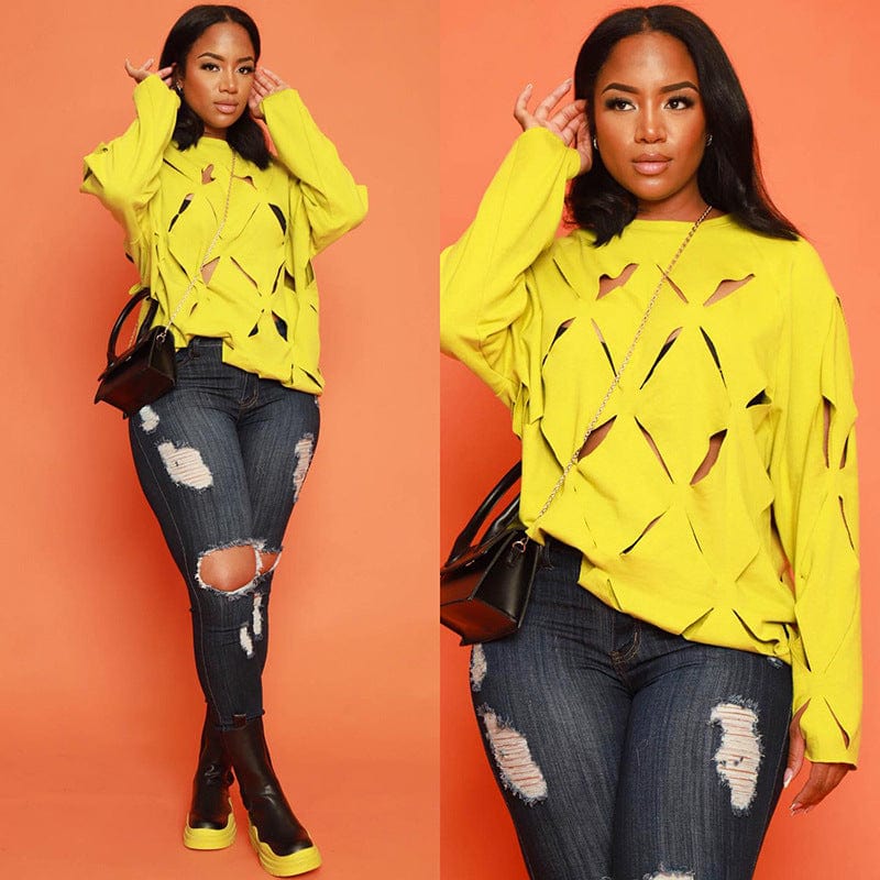 L / Yellow New Trending Fashion Women Sexy Pullover Sweatshirt Tops Loose Hollow Cut Out O-Neck Long Sleeve T-Shirt
