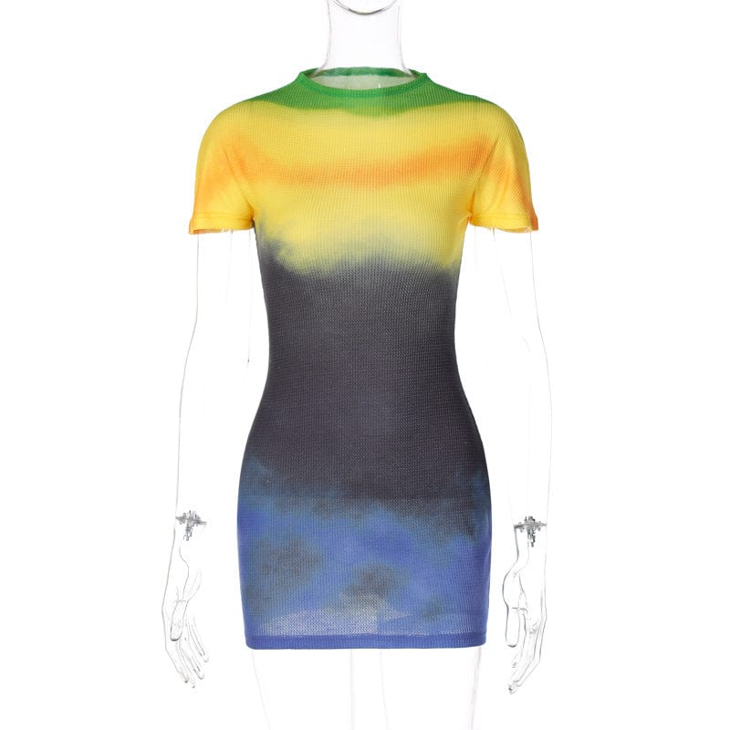 L / Yellow New trendy color block ladies short sleeve mini tight dress O neck women sexy slim bodycon dress