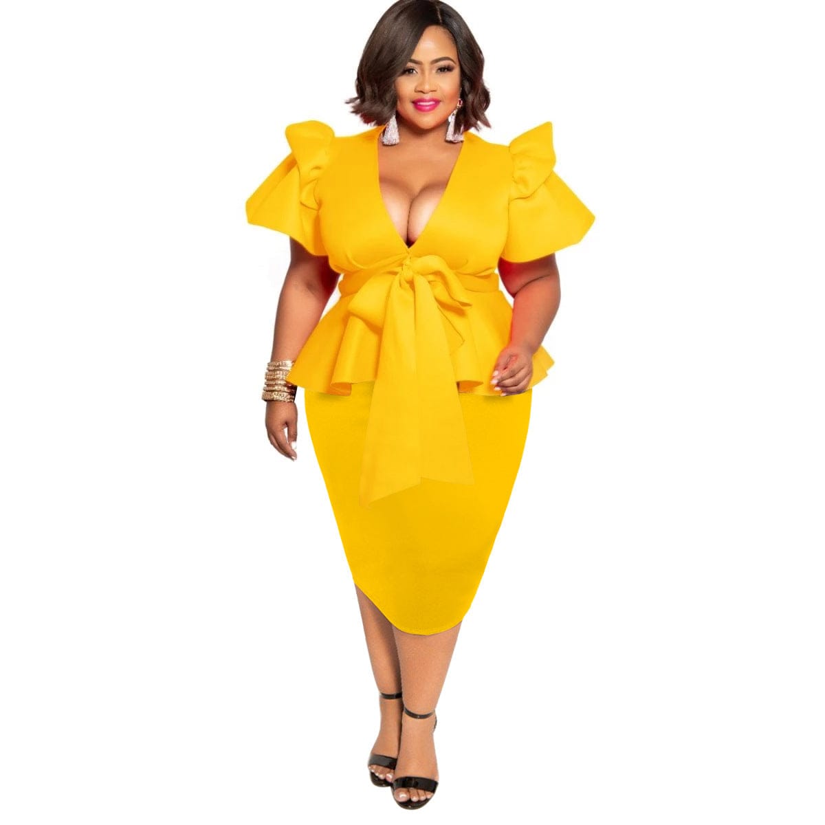 L / Yellow New Women's Plus Size Dress Fashion Bow Short Sleeve Office Dress