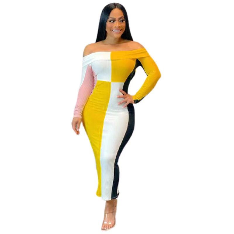 L / Yellow Summer 2022 color block vestidos elegance ladies bodycon midi dress long sleeve off the shoulder long dress
