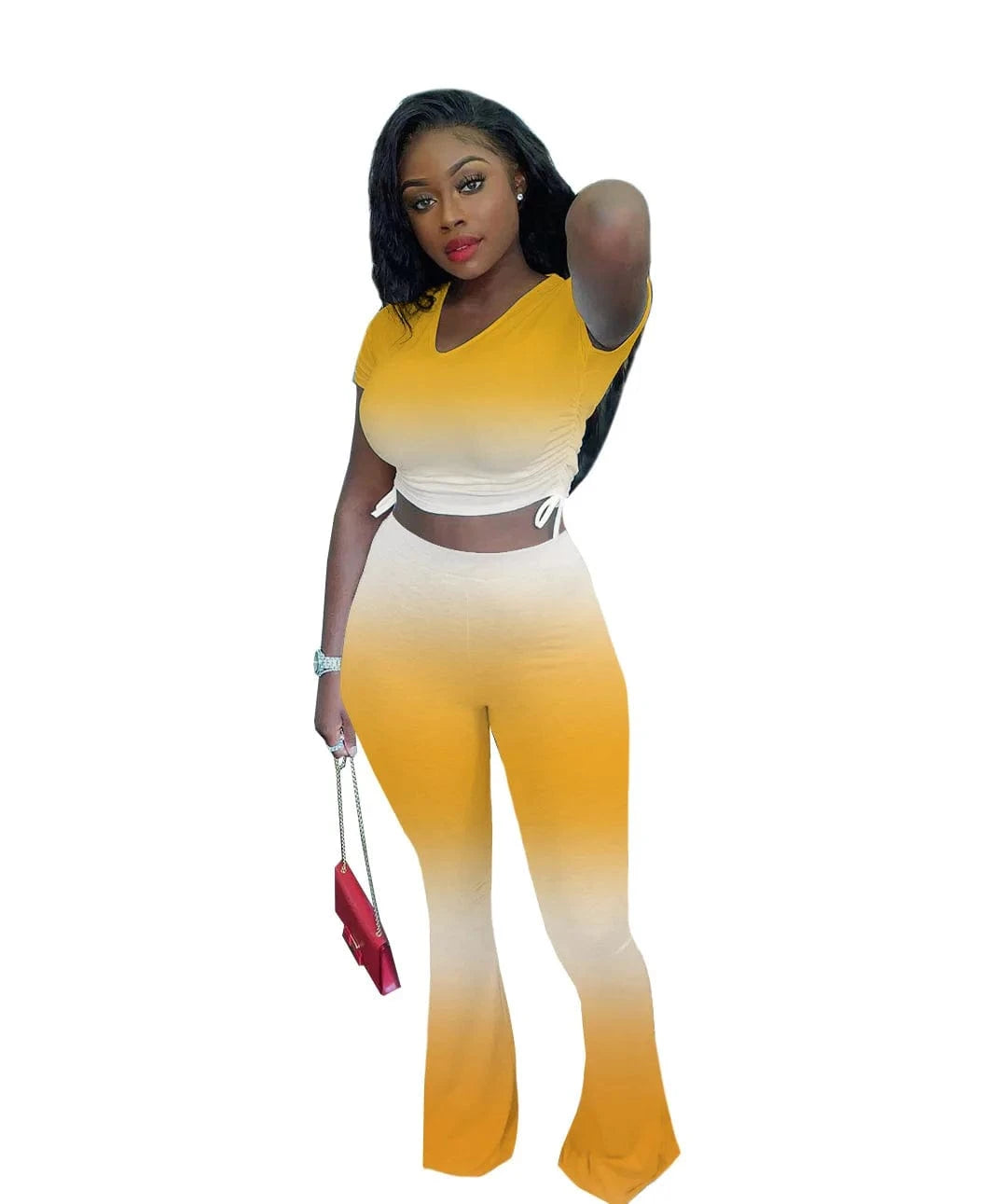 L / Yellow Summer Casual Ombre Short Sleeve Bell Bottoms Trousers Outfits Sexy Crop Top 2 Two Piece Flare Pants Set Women Clothing