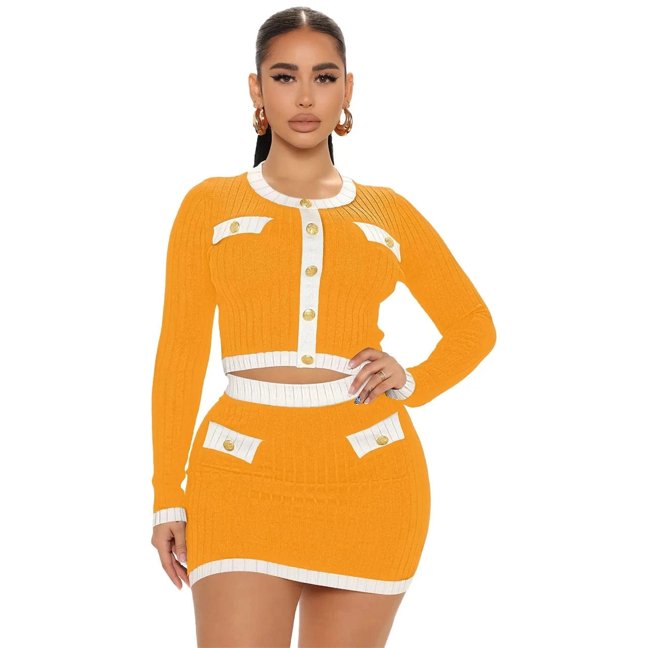 L / Yellow Threaded crewneck, contrasting long sleeves, short skirt, small fragrance suit